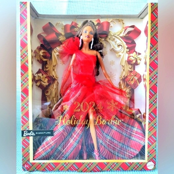 Barbie Signature 2024 Holiday Barbie Doll Red Plaid Dress Brown Hair - Picture 2 of 9
